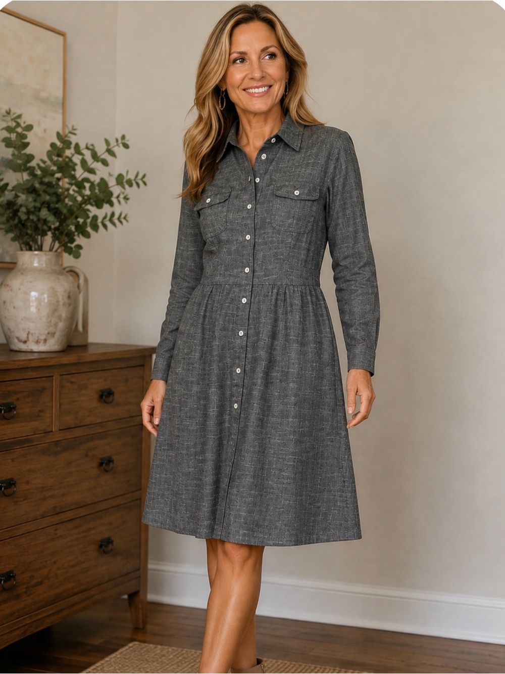 Emma & Michele Button-Front Shirtdress in Charcoal 70% cotton blend